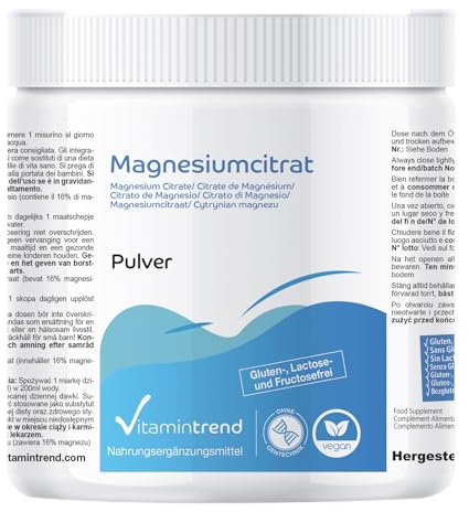 Vitamintrend Magnesiumcitratpulver 1 kg, ideal för idrottare, högdoserat, kosttillskott veganskt utan magnesiumstearat, tillverkat i Tyskland