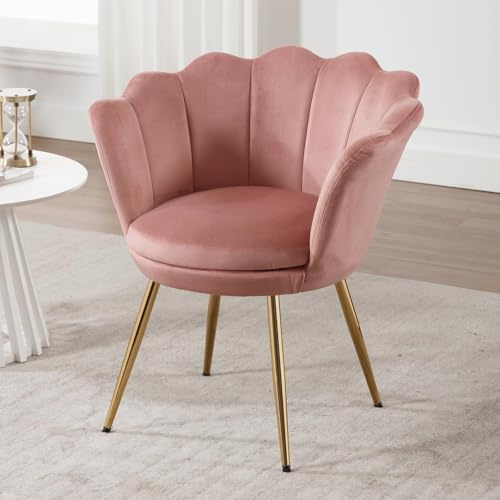 Ya-Home Samt Sessel Wohnzimmer, Schminktischstuhl mit Goldfuß Gepolsterter Blumenform Loungesessel Relaxsessel für Wohn/Schlafzimmer,Rosa