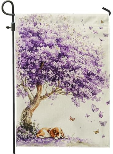 Drapeau de jardin floral violet printemps été, fleurs de lilas, chien, papillon, décoration extérieure, drapeau de cour double face pour décoration de pelouse, 30,5 x 45,7 cm