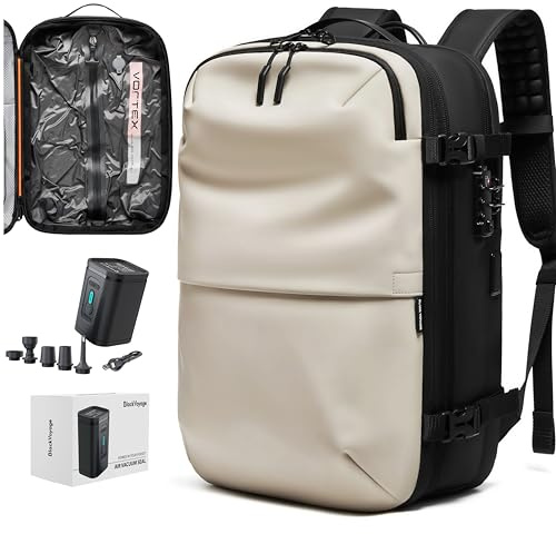 BlackVoyage Vortex Vacuum Seal Travel Backpack 60L Expandable Air Compression System Water Resistant TSA Lock Carry-On Suitcase Luggage White AERO - Vacuum Pump Included