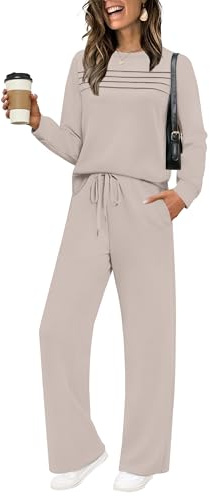 WIHOLL Tracksuit for women Two Piece Travel Outfits Long Sleeve Wide Leg Crewneck Loungewear Ladies Cozy Lounge Sets Trendy Fall Khaki L