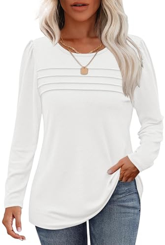 WNEEDU Långärmad damtröja rund hals ledig lös tröja damer trendig veckad sweatshirt höst vinter puli toppar blus tunika toppar, Vit, M