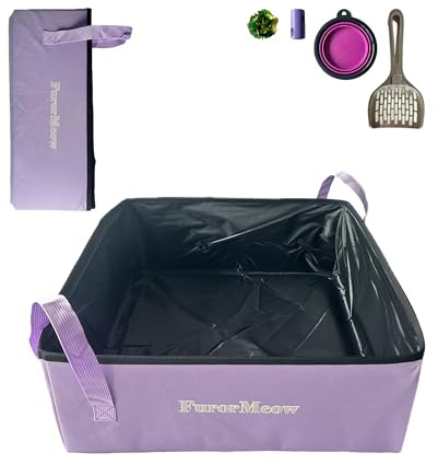 FurorMeow Portable Cat Litter Box, Firm Waterproof Foldable for Travelling for Cats, Including Crinkle Ball, Poop Bags, Foldable Bowl and Scoop, 15.8x15.8x5.9 inches (Light Purple)