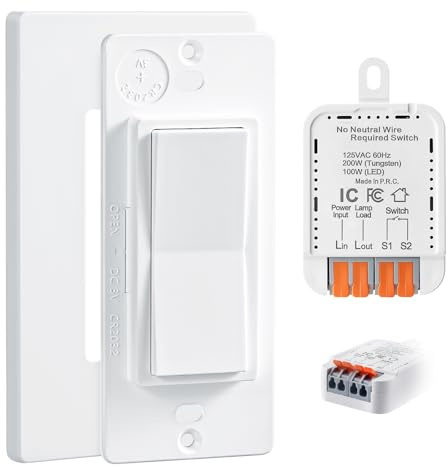 SURAIELEC Upgrade 3-Way Wireless Light Switch and Receiver Kit, Works with Existing Switch, No Neutral Wire Required, Decora Compatible, No Interference Remote Control, Ideal for Old Houses Lighting