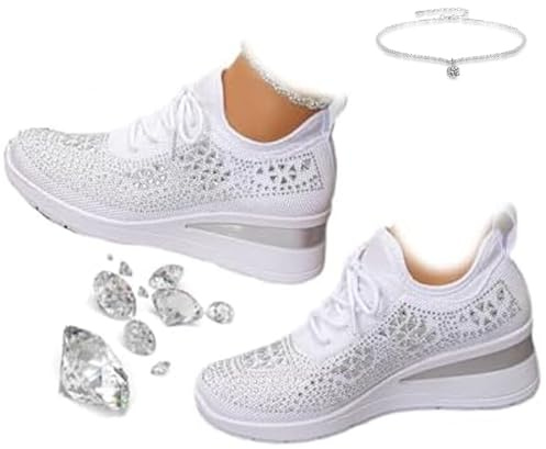 Women's Glittery Rhinestone Fashion Breathable Wedge Sneakers, Bling Sneakers for Women Rhinestones, Orthopedic Bling Sparkly Wedding Dressy Knitted Tennis Shoes (White,38 EU)