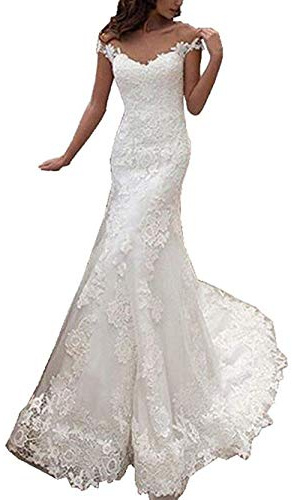 JAEDEN Robe de mariée Sirène Robe Nuptiale Longue Dentelle Mancherons Blanc EUR36