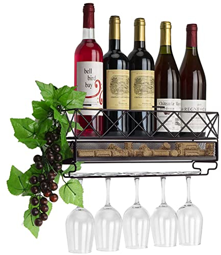 Wall Mounted Wine Rack and Glass Holder Hanging Bottle & Glass Rack 5 Bottles & Stemware Glass Organizer for Kitchen, Bar, or Home Wine Accessories(Bronze)