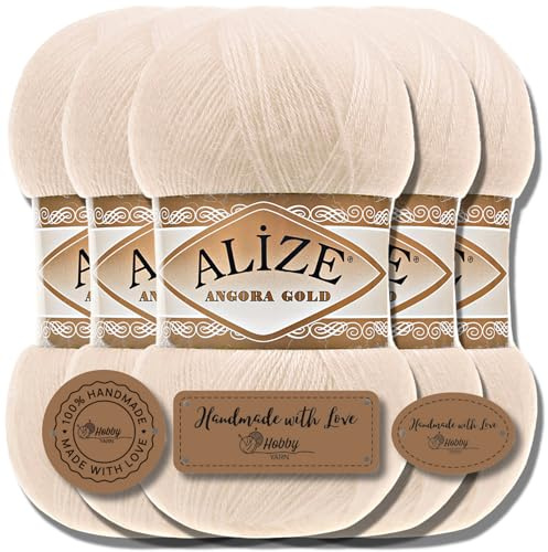 Hobby YARN 3x Etikettenlabel mit Alize Angora Gold Wolle Premium 5x100g als Set, Yarn, Garn, Dünne Mohair aus Schurwolle, Uni, Einfarbig, Strickgarn (Candle Light - 67)