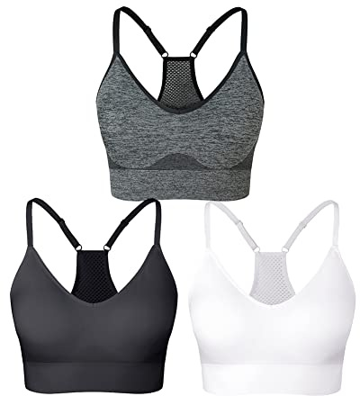 SEGRILA Women’s Sports Bra Padded Racerback Workout Yoga Bras with Adjustable Straps,Black+Ivory+Grey,L