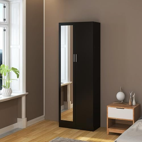 Wooden 2 Door Mirrored Wardrobe with Hanging Rail Modern Clothes Storage Cupboards Unit for Bedroom Furniture W 72 x D 47 x H 170 cm (Black)