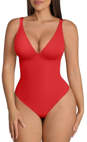 FeelinGirl Red Bodysuits for Women Tummy Control Body Suits Thong Body Shaper Deep V Neck, L