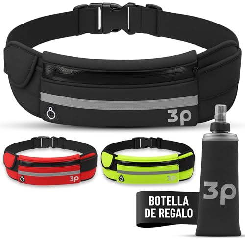 3PLATAS Riñonera Running - Cinturón Running Ajustable y Ergonomico, con Botella Running Flexible 250ml de Regalo, Porta Dorsal Running Móvil, Riñonera Running Hombre y Mujer para Todo Deporte