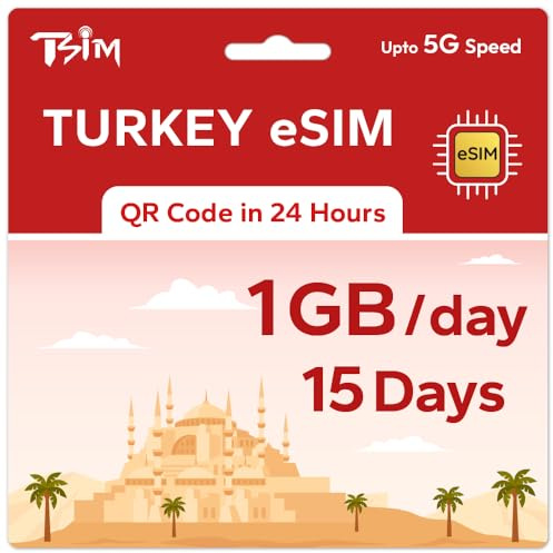 TSIM Prepaid Türkei eSIM für Reisen | 15 Tage 1 GB/Tag 5G Geschwindigkeit | Hotspot erlaubt | eSIM QR-Code per E-Mail innerhalb von 24 Stunden nach Versand gesendet | QR-Code scannen und sofort