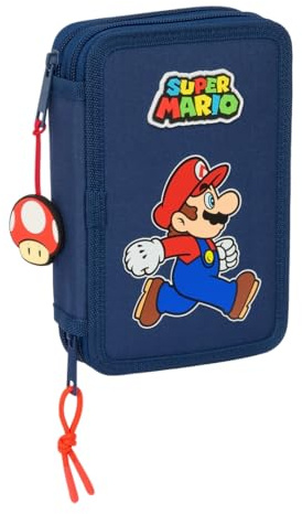 SUPER MARIO TRICK - Trousse scolaire pour enfant, avec 29 outils inclus, idéale pour les enfants de 5 à 14 ans, confortable et polyvalente, qualité et résistance, 12,5 x 4 x 19,5 cm, Bleu foncé /