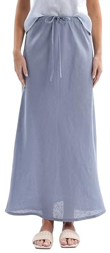 Amazhiyu Women 100% Linen Maxi Skirt-Casual A-Line Elastic Drawstring Skirt
