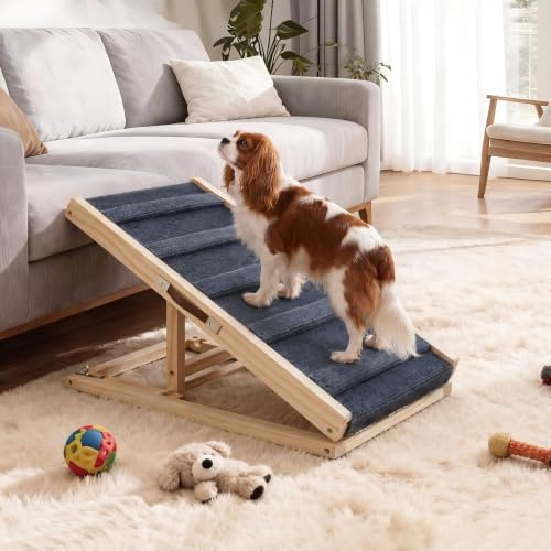 TUKAILAi Dog Ramp for Bed Height Adjustable Folding Pet Ramp with Non-Slip Rug Surface Portable Wooden Pet Steps Stairs for Small Dog for Sofa Couch