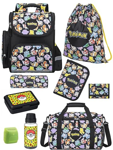 Familando - Schulranzen Set - 9-teilig mit Lunch-Set - Pokémon (Pikachu Motiv) - Ergonomisch, stabil & mit gepolstertem Rücken - 1010g leicht - 18L Volumen - Mit Reflektoren - ab 1. Klasse