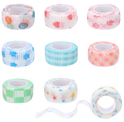 WEBEEDY 8 rollos de cinta adhesiva para coser a mano de 1 pulgada de ancho, de algodón, colorido, autoadhesiva, protector de dedos con corazones, estrellas, huellas de lunares, a cuadros para