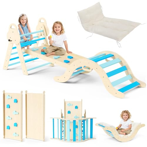 Conjunto de juego de escalada Montessori 7 en 1 de STYPLZ: triángulo de escalada para interior, arco de escalada con cojín y tobogán, juguete de escalada de madera, juego de escalada para niños de 1 a
