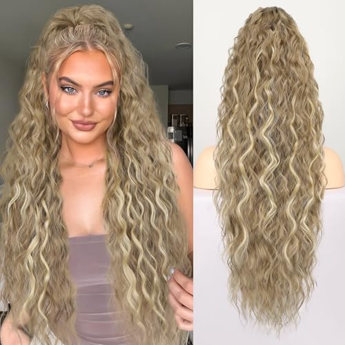 RONTAYA Extension Cheveux Naturel 76cm,Queue de Cheval Extension Longue,Multi couches duveux épais ondulé en fausses Extension Queue poney cheveux Synthétique Châtain moyen avec mèches blond cendré