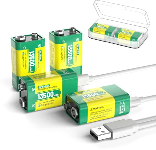 Confezione da 4 batterie ricaricabili da 9 V, 13500 mWh, 9 V, batterie al litio ad alta capacità, con scatola portaoggetti e cavo USB-C per allarmi, giocattoli, rilevatori di fumo, microfono, torce