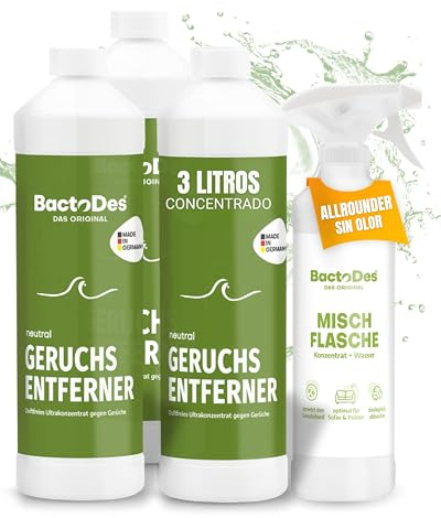 BactoDes - Limpiador multiusos neutro, inodoro y probiótico, concentrado 3 x 1 L con botella de spray - Neutralizador especial de olores con efecto microbiano orgánico - Limpiador enzimático eficaz y