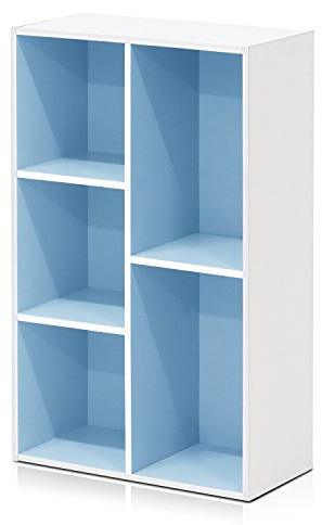 Furinno LUDER Book Shelf, 5-Cube Bookshelf, Reversible Bookcase, 9.4 x 19.5 x 31.5, for Living Room, Bedroom, Home Office, White/Light Blue