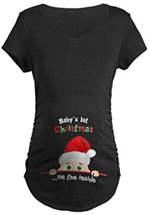 Womens Top for Pregnant Maternity Cute Short Tee Funny Clothing Sleeve Round Neck Christmas Pregnancy Announcement T Shirt Maternity Shirt (Color : Schwarz, Size : L)