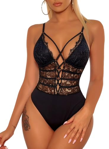 Buitifo Women Sexy Bodysuit One Piece Babydoll Lingerie Lace Teddy Negligee (Black,XL)