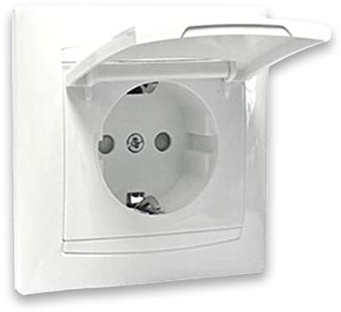 Base schuko empotrada con tapa, 16A, ideal para instalaciones eléctricas en paredes y muebles, proporciona conexión segura y ordenada.