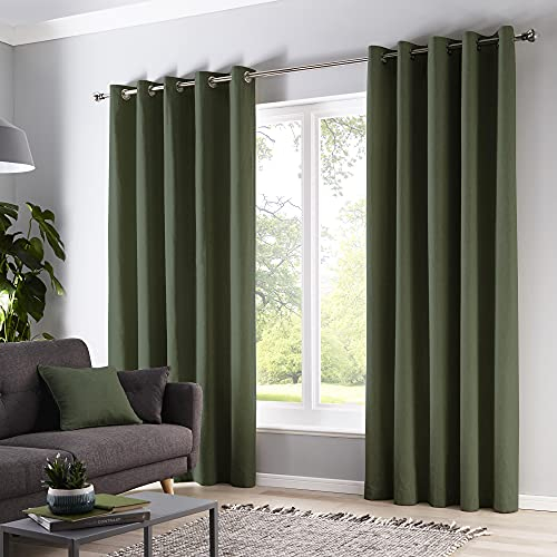 Fusion - Olive Green W90 x L72 (228 x 183cm) - Green Eyelet - 100% Cotton for Bedroom/Living Room - Door Curtain - Thermal Drapes/Window Treatment - Sorbonne Collection