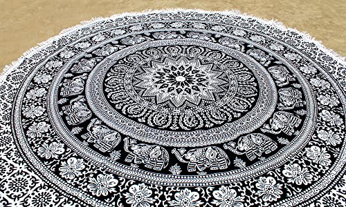 Round Beach Tapestry Turquoise Mandala Throw/Boho Hippie Beach Blanket Roundie/Indian Cotton Bohemian Large Round Table Cloth-Home Decor/Yoga Mat Meditation Picnic Rug (70, Black And WHite)