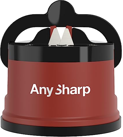 AnySharp Knife Sharpener, Hands-Free Safety, PowerGrip Suction, Safely Sharpens All Kitchen Knives, Ideal for Hardened Steel & Serrated, World's Best, Compact, One Size, Brick Red