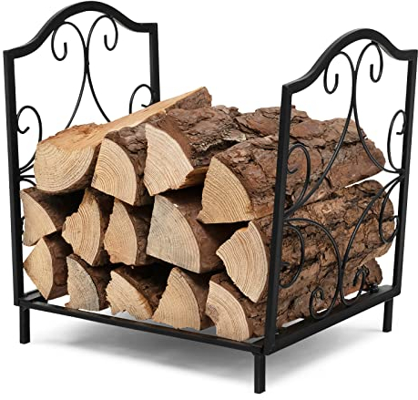 GYMAX Estantería para Leña de Metal, 44 x 32 x 39,5 cm, Soporte para Leña, Soporte para Leña para Interior y Exterior, Color Negro