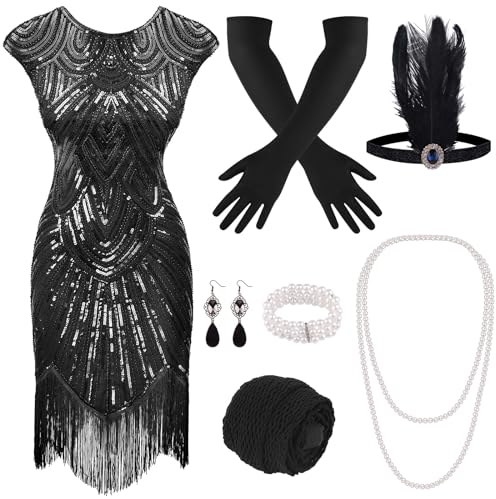 PLULON 1920er-Jahre-Flapperkleid mit Pailletten, Perlen und Fransen, Set mit 20er-Jahre-Accessoires (Schwarz)