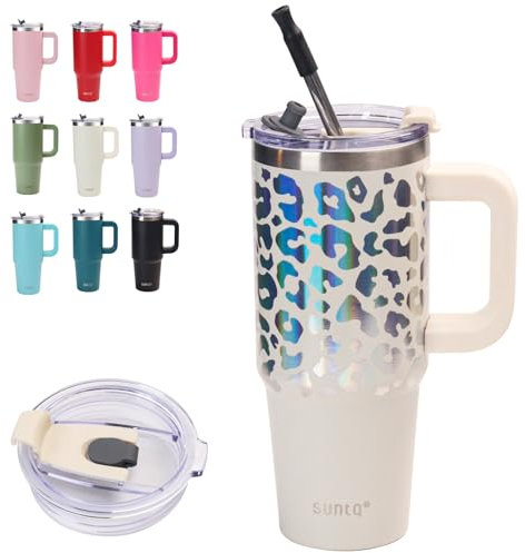 SUNTQ 30oz Tumbler with Handle, Double Wall Vacuum Insulated Water Bottle with Straw and Lid, Stainless Steel Travel Coffee Mug, Reusable Thermal Cup for Beverages, Fit in Cup Holder(Ivory-Leopard)