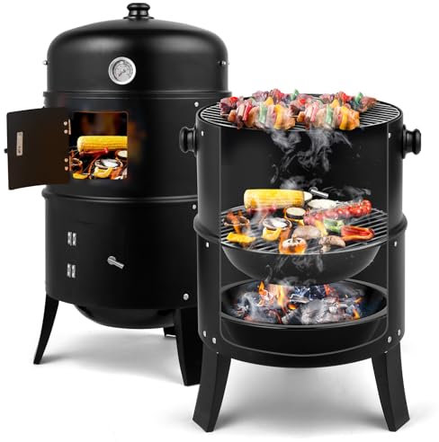 Outvita Vertikal 43 cm (17 tum) kolgrill rökare, 3-i-1 bärbar utomhusgrillspis med inbyggd termometer för utomhus bakgården matlagning grillning camping
