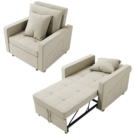 ELEGANT 3-in-1 Single Sofa Bed, Convertible Fabric Chair Bed, Adjustable Backrest Chair Sleeper with Side Pockets and Pillow, Pull Out Sofa Bed for Living Room/Office Small Room/Apartment, Cream White