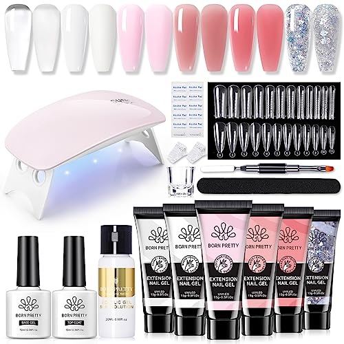BORN PRETTY Poly Extension Gel da 15 ml con lampada UV da 6 W – Born Pretty Poly Nail Gel Set Estensione unghie Kit Glitter Acrilico Builder Starter Set Smalto Base Top Coat Slip Solution