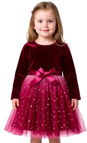 NNJXD Flower Girl Tulle Tutu Dress Princess Shinny Stars Printed Long Sleeves Party Winter Clothes 2115 Burgundy Size(3Y) 2-3 Years