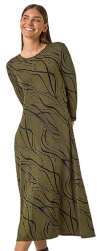 Roman Originals Swing Dress with Pockets for Women UK Ladies Tunic Stretchy Maxi Midi Jersey Winter Autumn 3/4 Sleeve Casual Pull On Smart Slouch Work Office Going Out Party - Khaki - Size 16