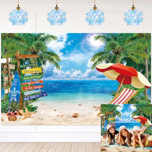 Toile de fond d'été hawaïenne avec palmiers tropicaux, ciel bleu, océan, photographie, arrière-plan pour décoration de fête Aloha Luau (2,3 x 1,8 m)