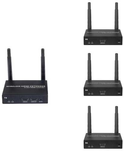 EXVIST 4K@30FPS trådlös HDMI-förlängningssats med 3 mottagare, H.265-kodning, 656 fot lång räckvidd, IR-stöd, trådlös HDMI-överföring från bärbar dator, PC, PS4, YouTube till TV