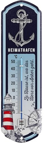 LANOLU Heimathafen Thermometer, maritime Anker Deko für Garten und Küche - Einweihungsgeschenk Wohnung Zuhause Schild Geschenk Einzug - vintage Metallschild 8x28cm