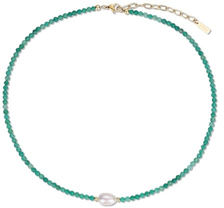 COAI Frauen Perlenkette aus 3 mm facettierten Grünen Achat Perlen und 11x8 mm natürlichen Süßwasserperlen Charm für Damen