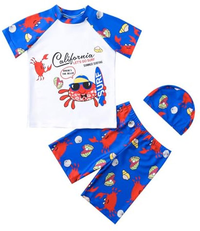 Hotfiary Jungen Badeanzug Set UPF 50+ Rash Guard Badehose und Mütze Kinder Schnell trocknende 3-teilige Bademode für 2-9Jahre