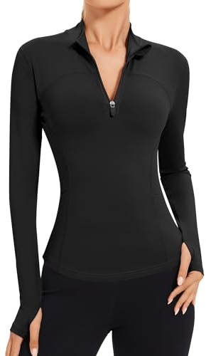IECCP Laufjacke Sportjacke T-Shirt Damen Gym Top Sport Oberteil Yoga Langarm Crop Top Sportshirt Leicht Fitness Oberteil mit 1/4 Reißverschluss und Daumenloch Schwarz S