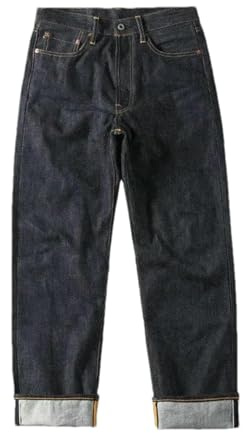 Jeans Selvedge pour homme en denim brut avec revers et jambes droites, Bleu foncé 9 L30, 50