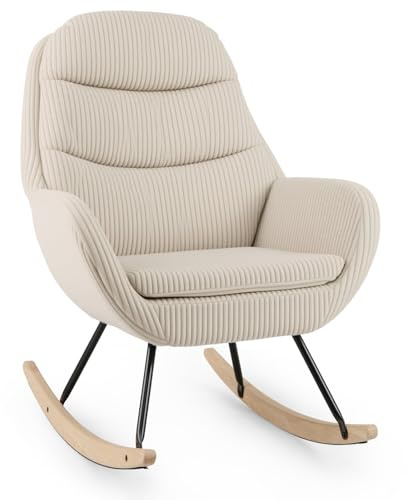 COSTWAY Relax Rocking Chair, Corduroy Fabric Upholstered Rocker Accent Chair with Rubber Wood Legs, Modern Padded Nursing Seat Comfy Lounge Reading Armchair for Nursery Living Room Bedroom, Beige