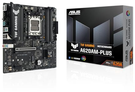 TUF Gaming A620AM-PLUS WiFi AMD A620A mATX Motherboard, 8+2+1 Power Stages, DDR5, PCIe 4.0, Dual M.2 Slots, WiFi 6, 2.5Gb Ethernet, Dual DisplayPort, HDMI, Rear USB-A 10Gbps, Front USB-C 10Gbps